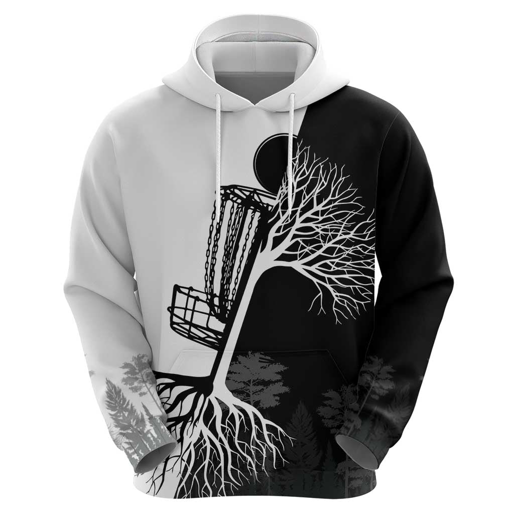 Black and White Disc Golf Tree Graphic Hoodie with Roots Silhouette and Custom Name Design TS04