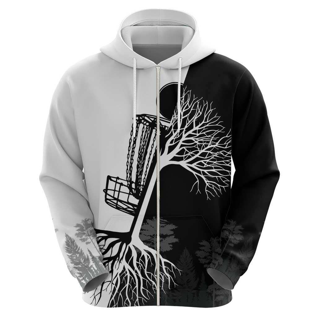 Black and White Disc Golf Tree Graphic Hoodie with Roots Silhouette and Custom Name Design TS04