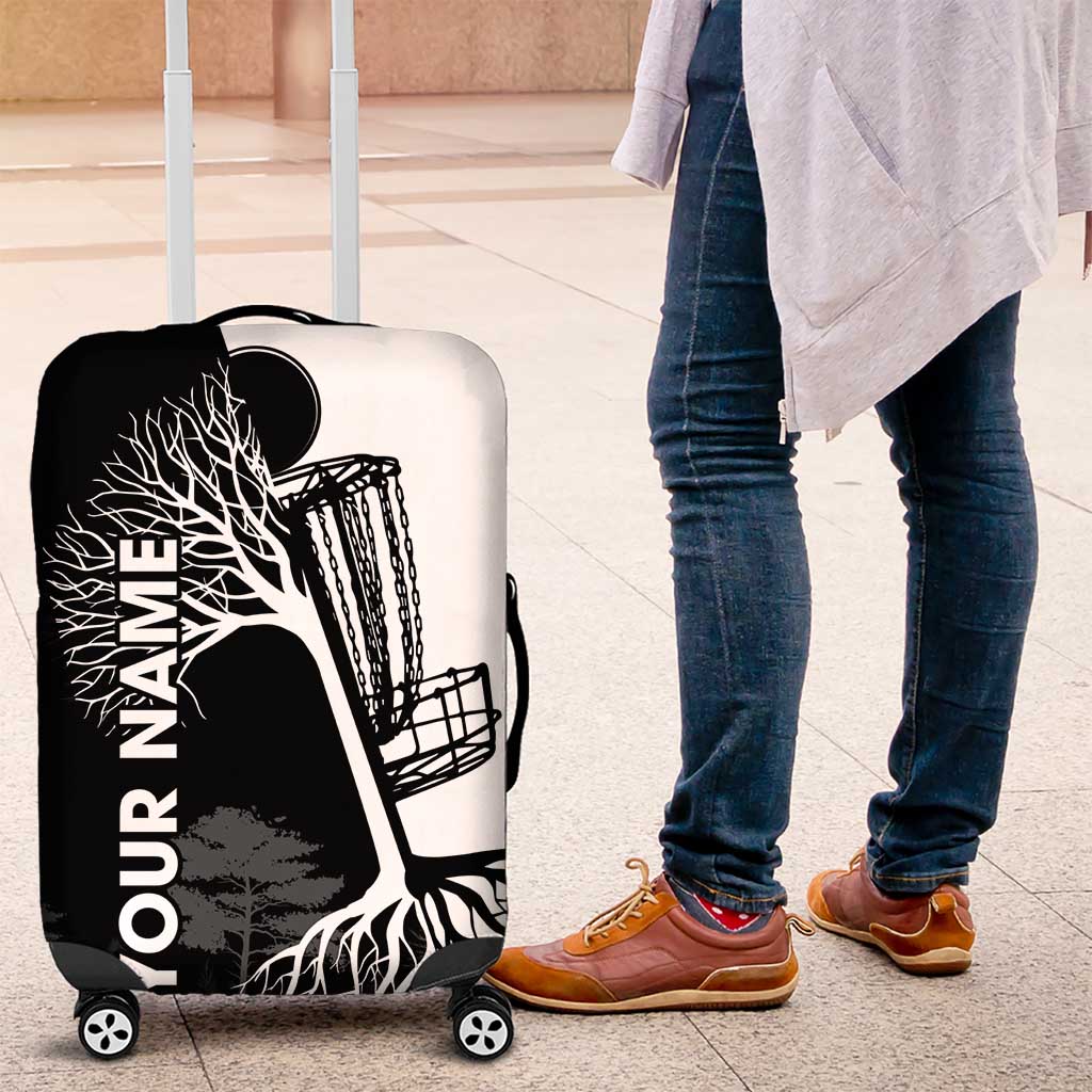 Black and White Disc Golf Tree Graphic Luggage Cover with Roots Silhouette and Custom Name Design TS04