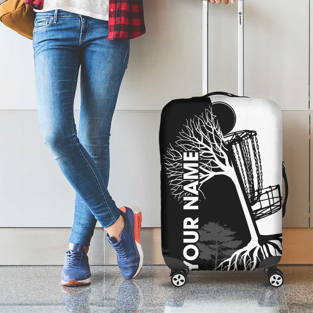Black and White Disc Golf Tree Graphic Luggage Cover with Roots Silhouette and Custom Name Design TS04