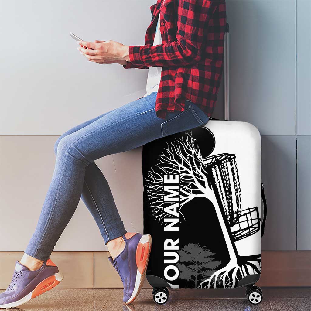 Black and White Disc Golf Tree Graphic Luggage Cover with Roots Silhouette and Custom Name Design TS04