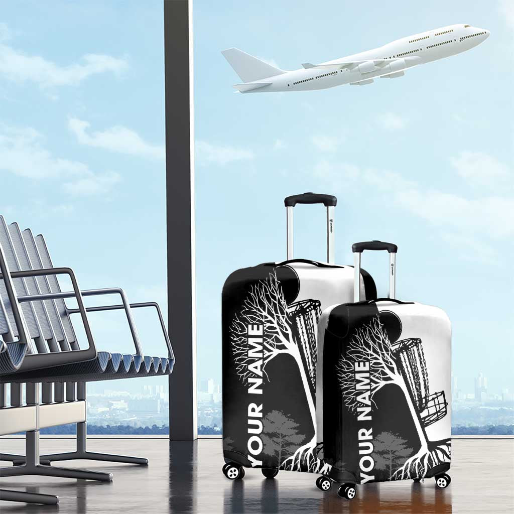 Black and White Disc Golf Tree Graphic Luggage Cover with Roots Silhouette and Custom Name Design TS04
