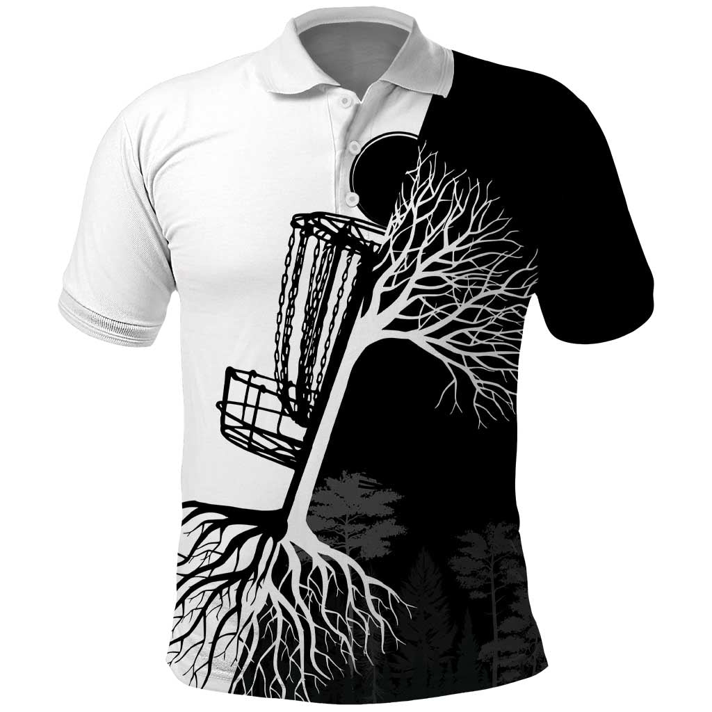 Black and White Disc Golf Tree Graphic Polo Shirt with Roots Silhouette and Custom Name Design TS04