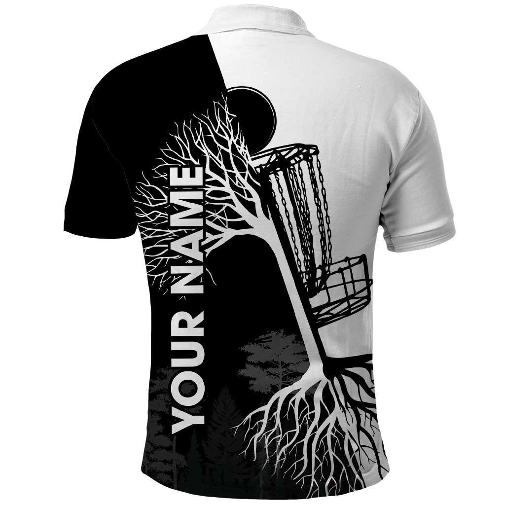 Black and White Disc Golf Tree Graphic Polo Shirt with Roots Silhouette and Custom Name Design TS04