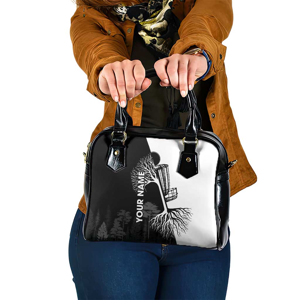 Black and White Disc Golf Tree Graphic Shoulder Handbag with Roots Silhouette and Custom Name Design TS04
