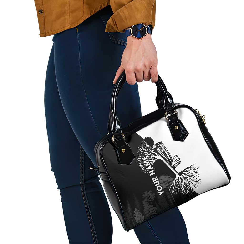 Black and White Disc Golf Tree Graphic Shoulder Handbag with Roots Silhouette and Custom Name Design TS04