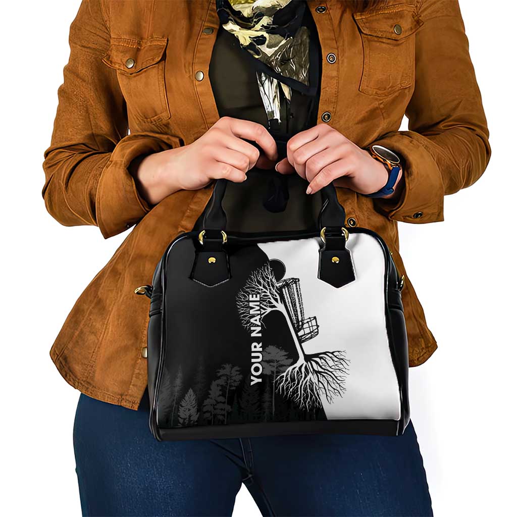 Black and White Disc Golf Tree Graphic Shoulder Handbag with Roots Silhouette and Custom Name Design TS04