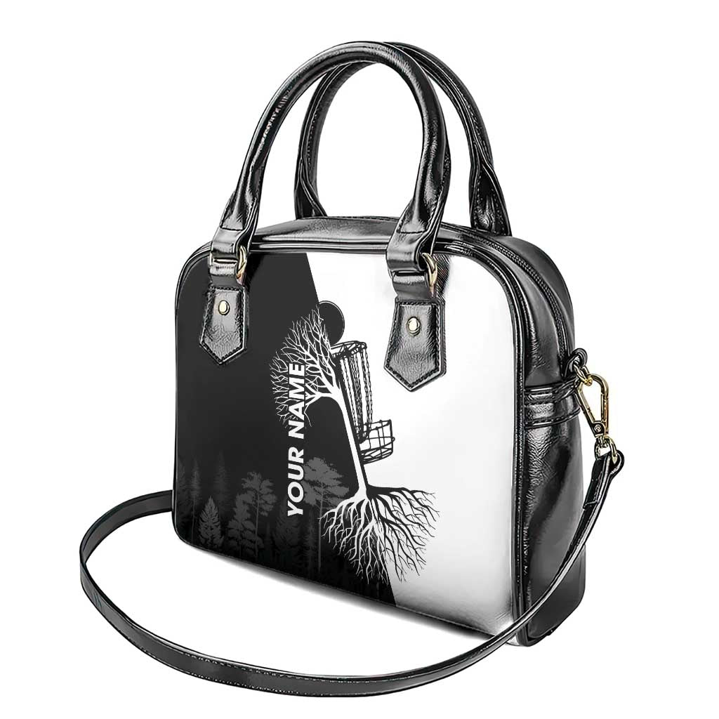 Black and White Disc Golf Tree Graphic Shoulder Handbag with Roots Silhouette and Custom Name Design TS04