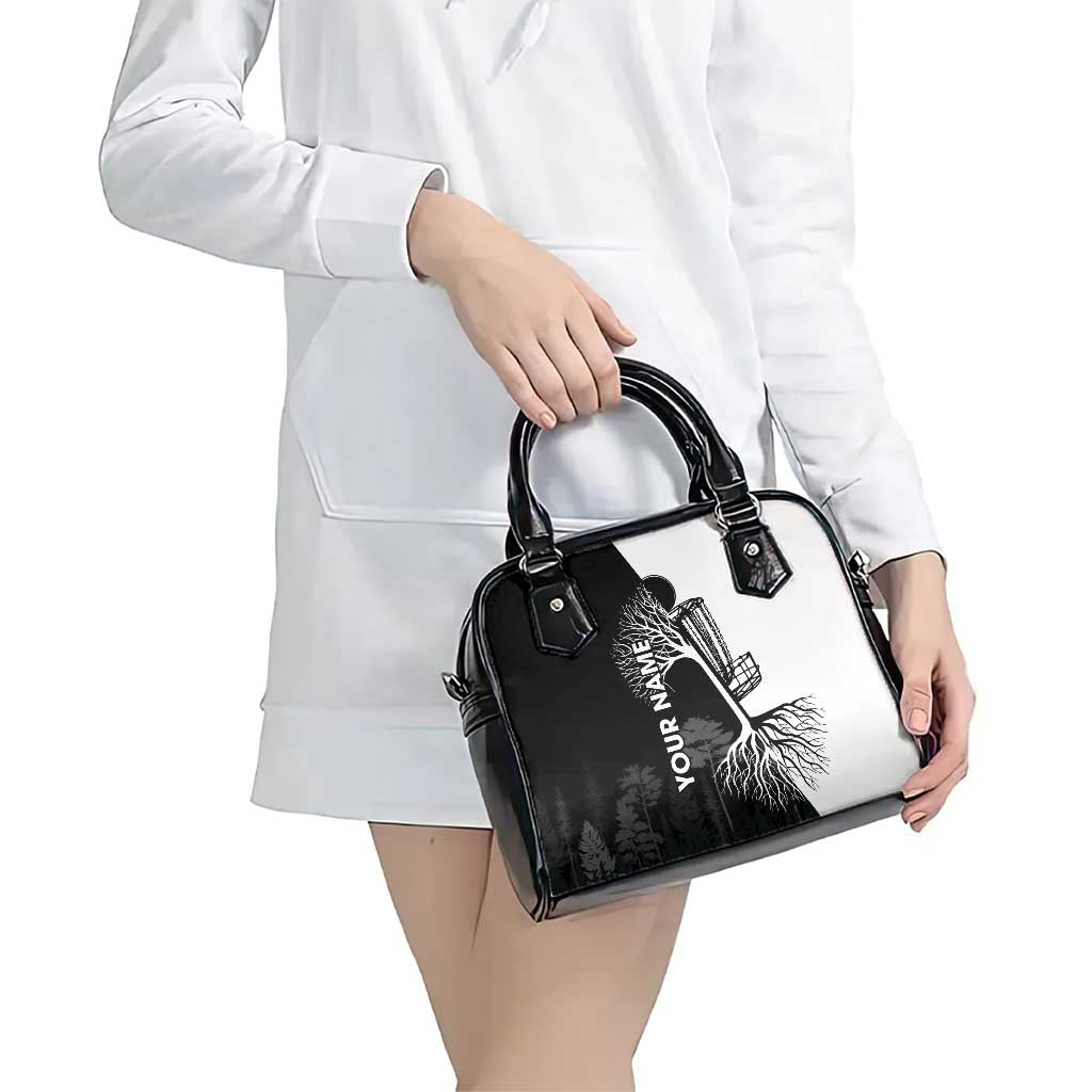 Black and White Disc Golf Tree Graphic Shoulder Handbag with Roots Silhouette and Custom Name Design TS04