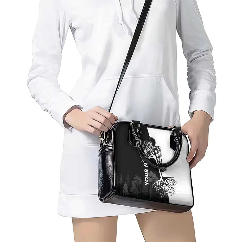 Black and White Disc Golf Tree Graphic Shoulder Handbag with Roots Silhouette and Custom Name Design TS04
