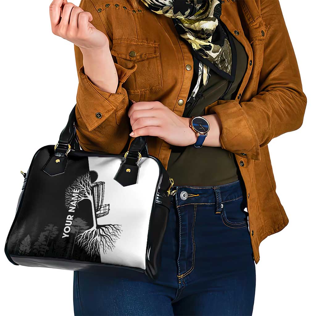 Black and White Disc Golf Tree Graphic Shoulder Handbag with Roots Silhouette and Custom Name Design TS04