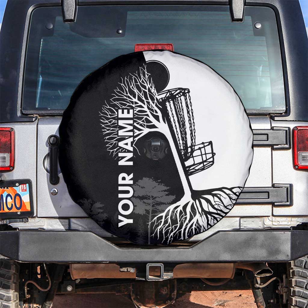 Black and White Disc Golf Tree Graphic Spare Tire Cover with Roots Silhouette and Custom Name Design TS04
