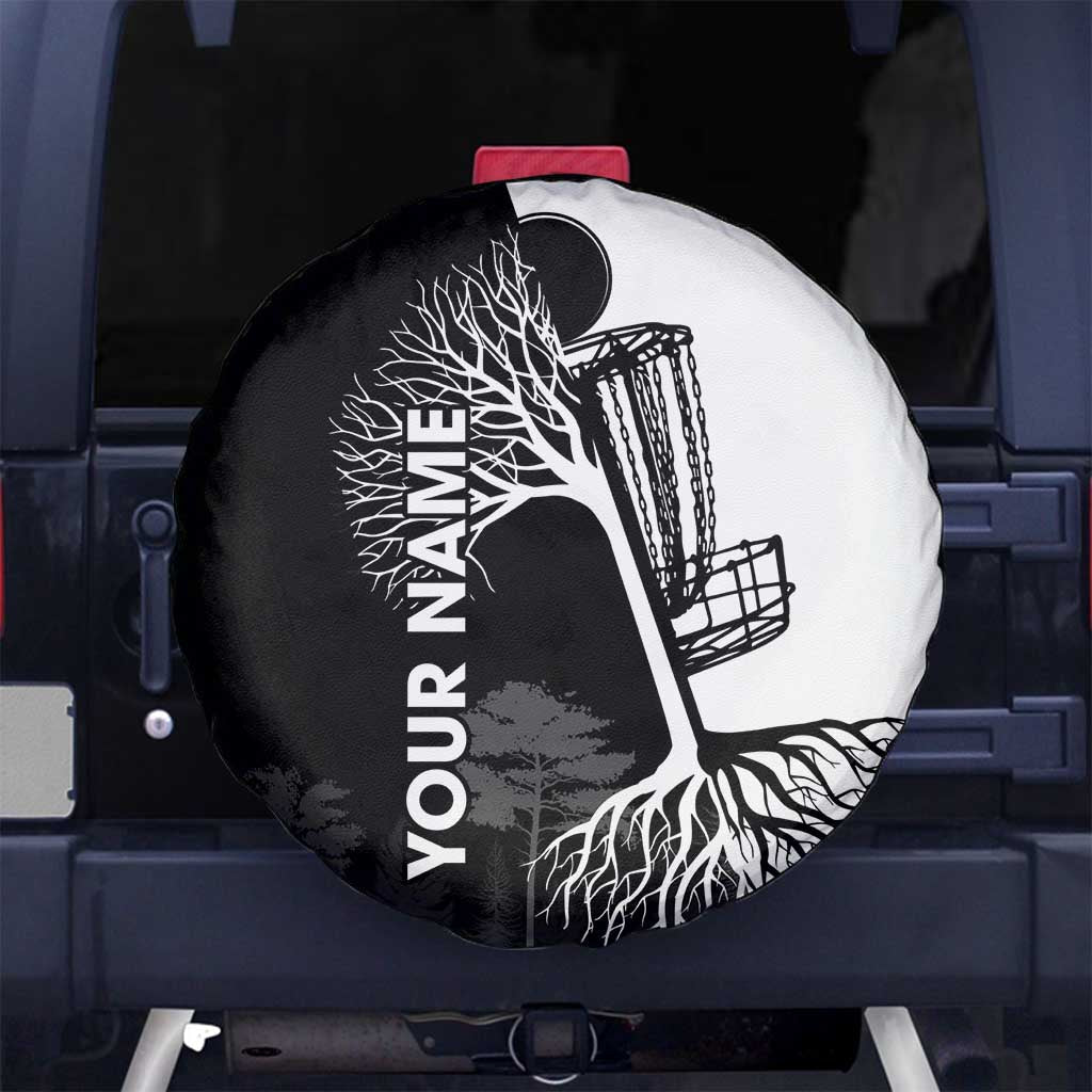 Black and White Disc Golf Tree Graphic Spare Tire Cover with Roots Silhouette and Custom Name Design TS04