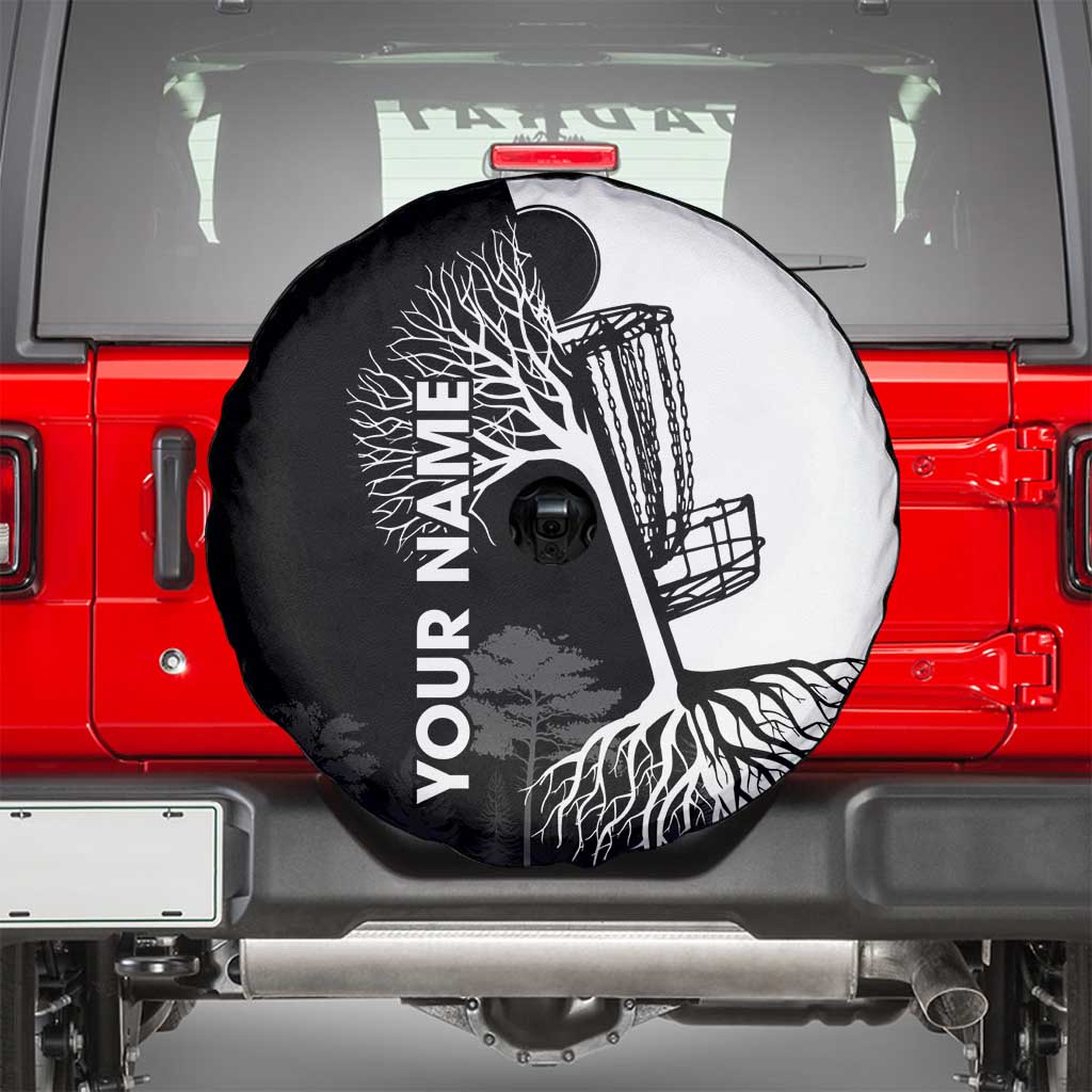 Black and White Disc Golf Tree Graphic Spare Tire Cover with Roots Silhouette and Custom Name Design TS04