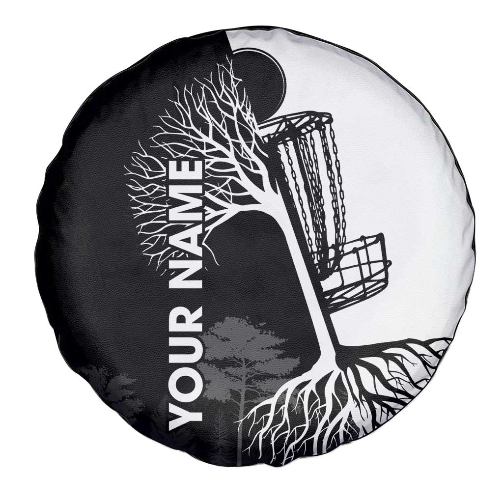 Black and White Disc Golf Tree Graphic Spare Tire Cover with Roots Silhouette and Custom Name Design TS04
