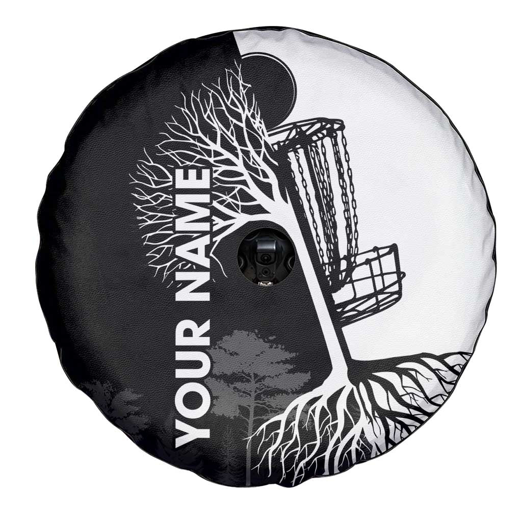 Black and White Disc Golf Tree Graphic Spare Tire Cover with Roots Silhouette and Custom Name Design TS04