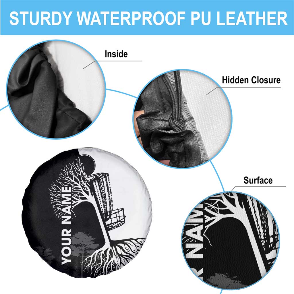 Black and White Disc Golf Tree Graphic Spare Tire Cover with Roots Silhouette and Custom Name Design TS04