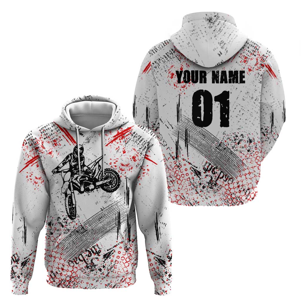 Motocross Rider Hoodie with Abstract Grunge Brush and Custom Number in Red and Black Splatter Design TS04