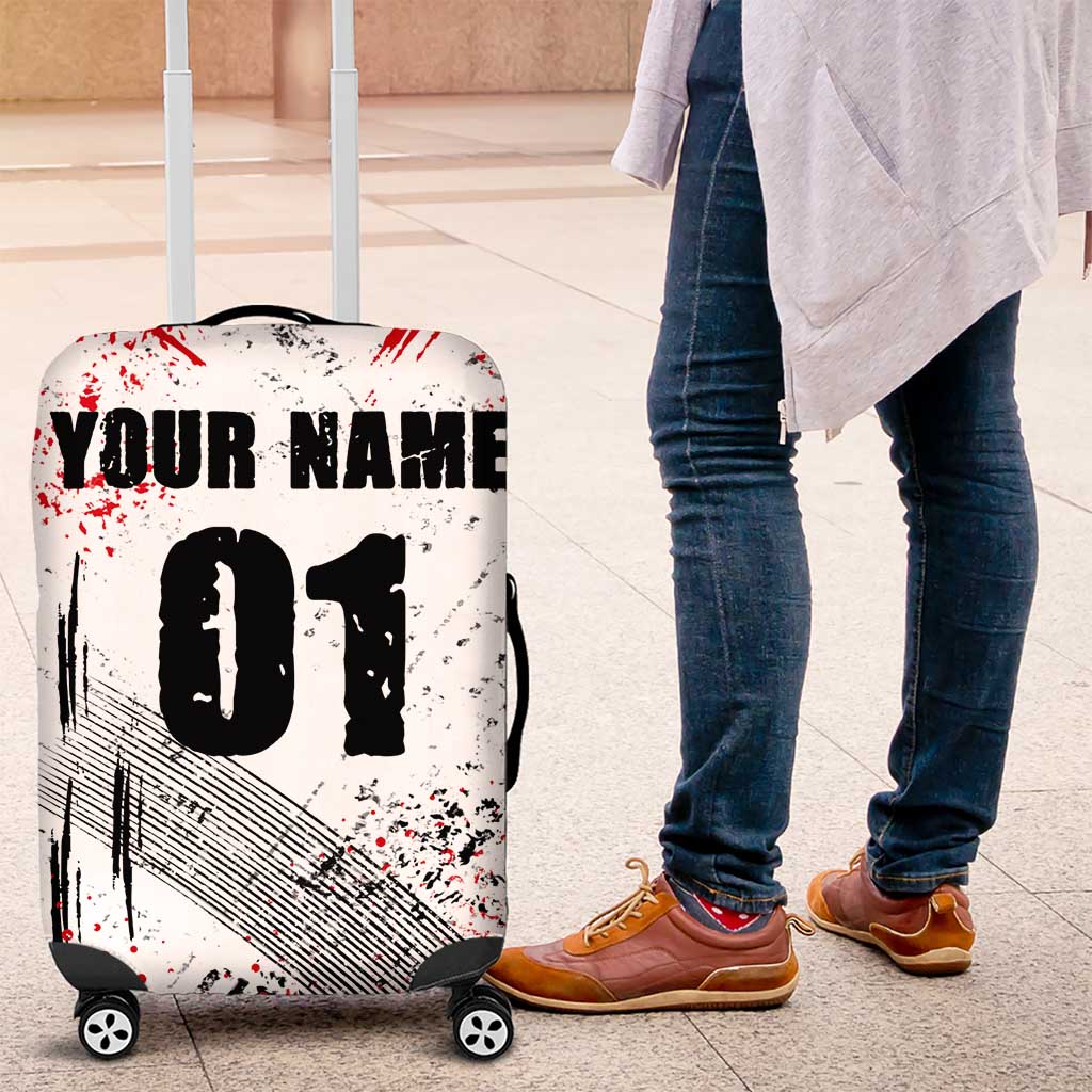 Motocross Rider Luggage Cover with Abstract Grunge Brush and Custom Number in Red and Black Splatter Design TS04