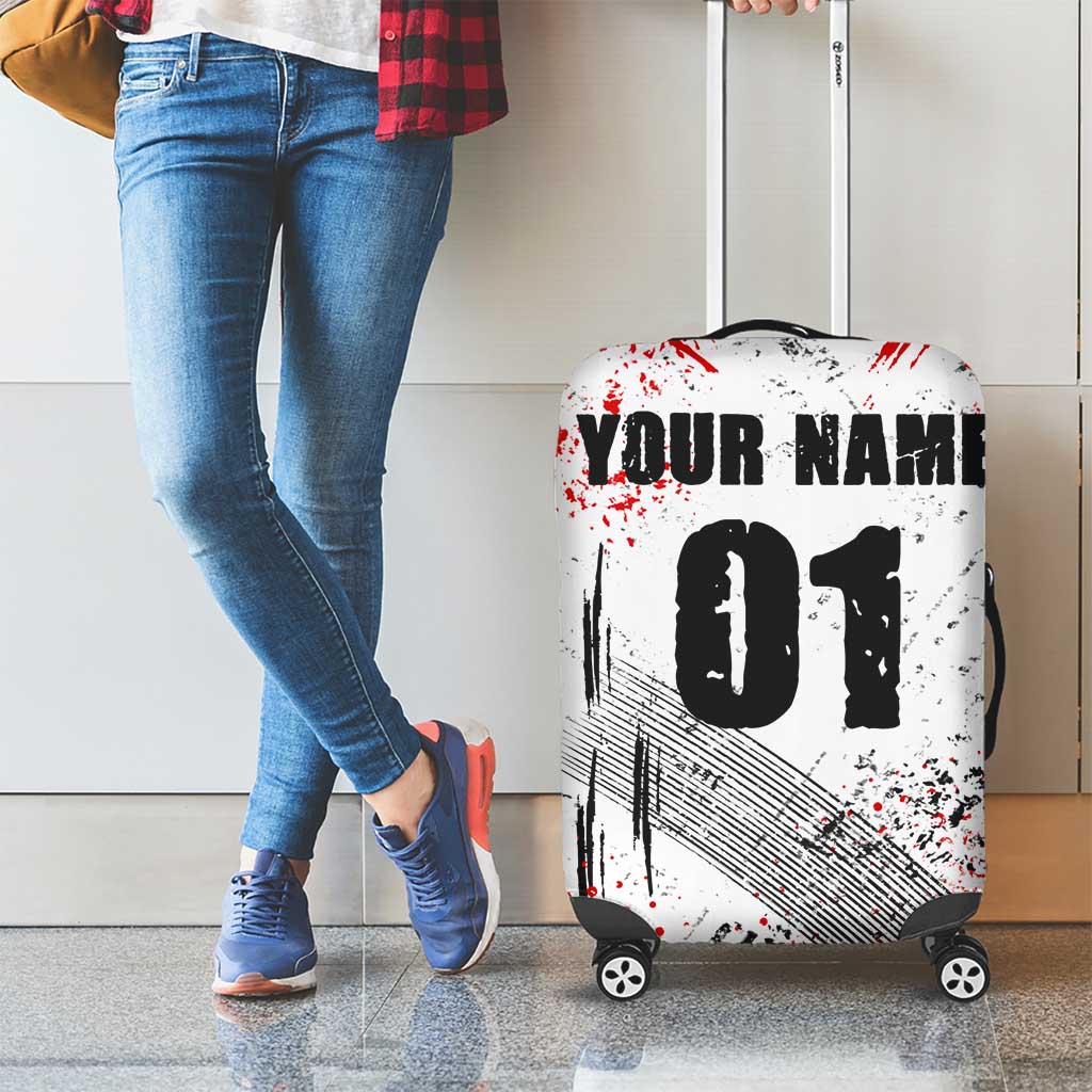 Motocross Rider Luggage Cover with Abstract Grunge Brush and Custom Number in Red and Black Splatter Design TS04