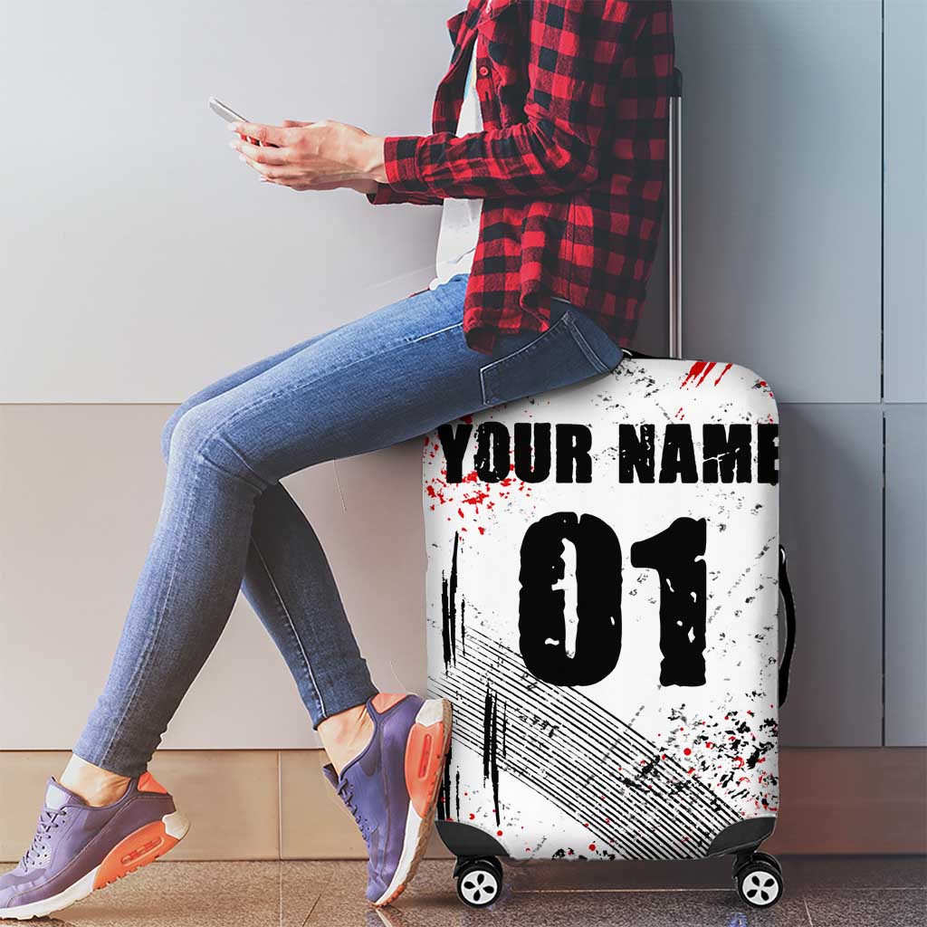 Motocross Rider Luggage Cover with Abstract Grunge Brush and Custom Number in Red and Black Splatter Design TS04