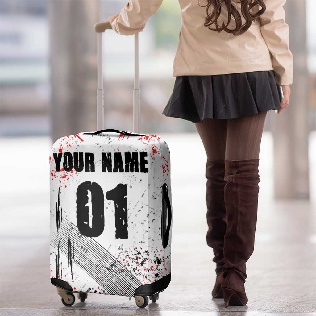 Motocross Rider Luggage Cover with Abstract Grunge Brush and Custom Number in Red and Black Splatter Design TS04