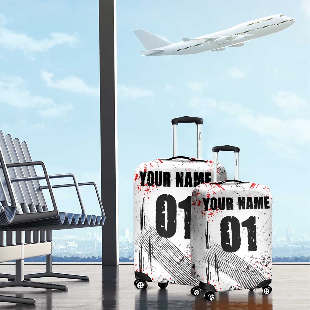 Motocross Rider Luggage Cover with Abstract Grunge Brush and Custom Number in Red and Black Splatter Design TS04