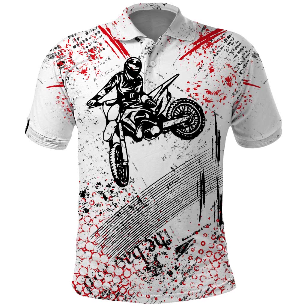 Motocross Rider Polo Shirt with Abstract Grunge Brush and Custom Number in Red and Black Splatter Design TS04