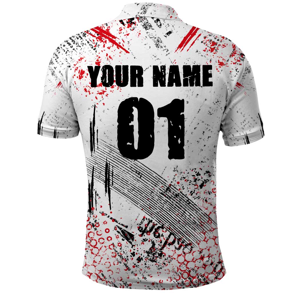 Motocross Rider Polo Shirt with Abstract Grunge Brush and Custom Number in Red and Black Splatter Design TS04
