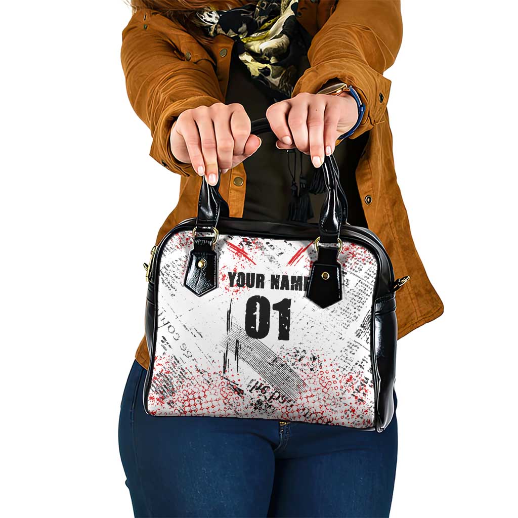 Motocross Rider Shoulder Handbag with Abstract Grunge Brush and Custom Number in Red and Black Splatter Design TS04