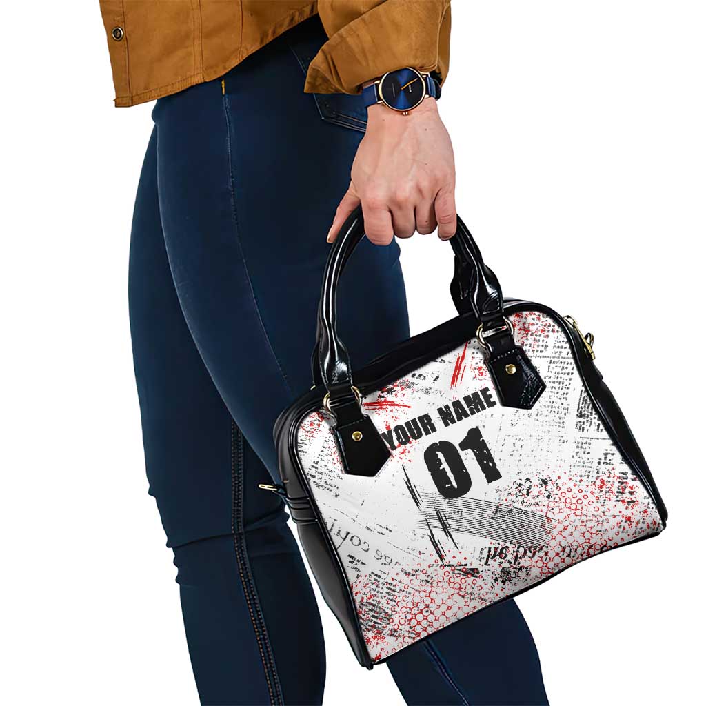 Motocross Rider Shoulder Handbag with Abstract Grunge Brush and Custom Number in Red and Black Splatter Design TS04