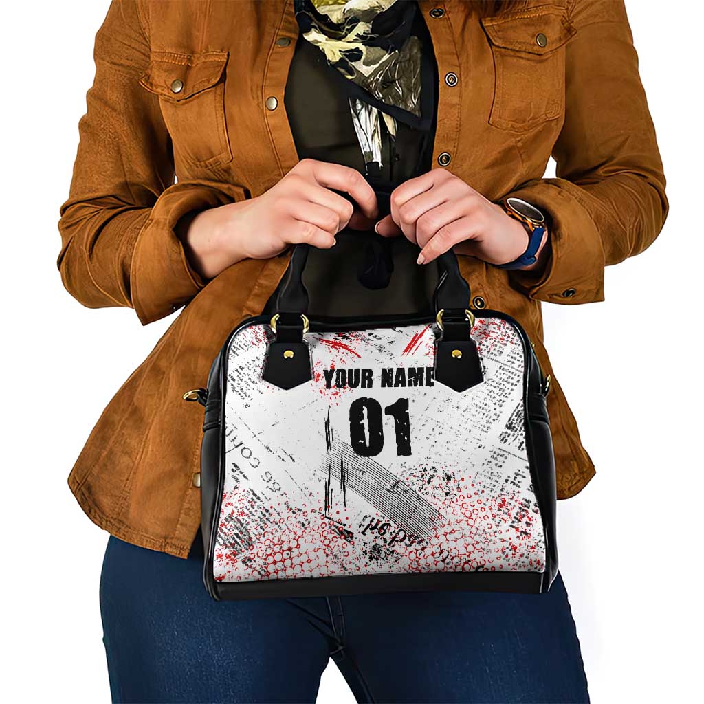 Motocross Rider Shoulder Handbag with Abstract Grunge Brush and Custom Number in Red and Black Splatter Design TS04