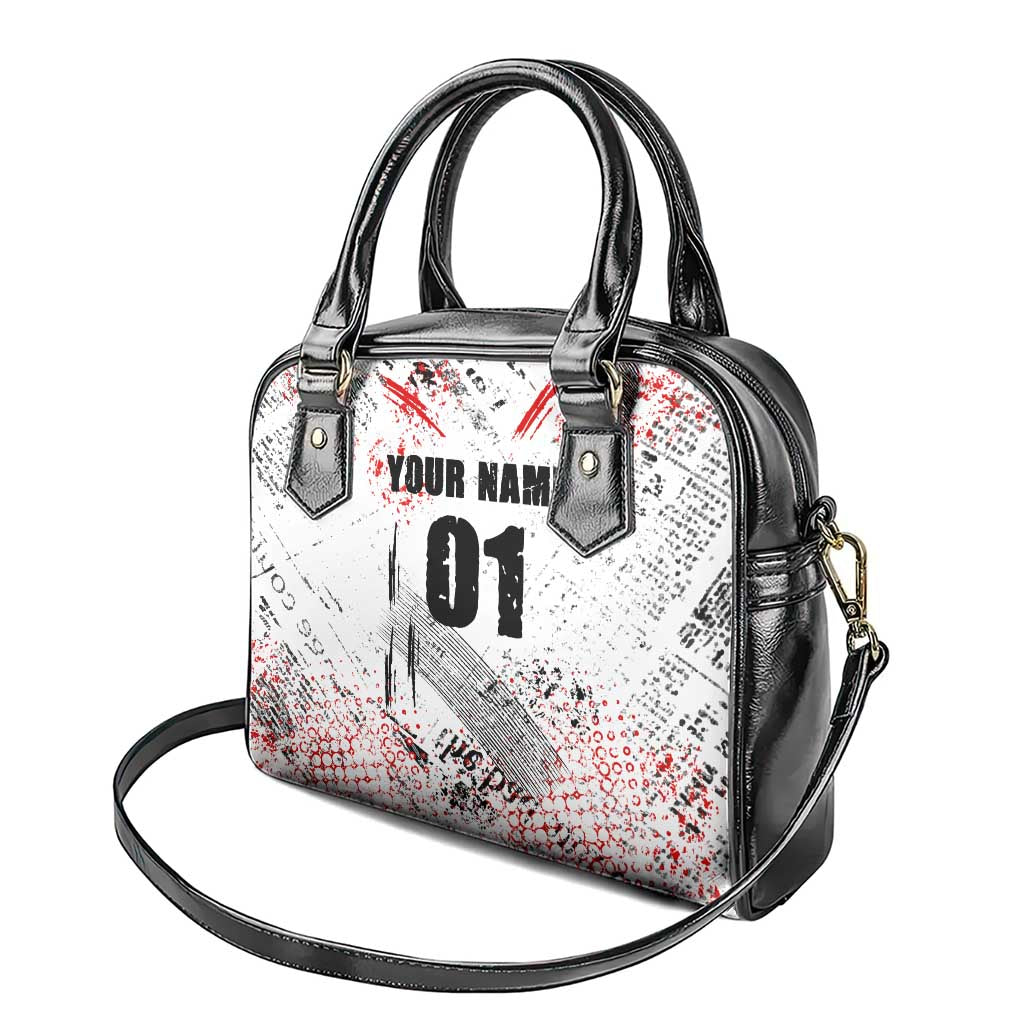 Motocross Rider Shoulder Handbag with Abstract Grunge Brush and Custom Number in Red and Black Splatter Design TS04