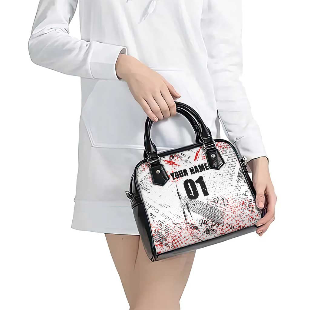 Motocross Rider Shoulder Handbag with Abstract Grunge Brush and Custom Number in Red and Black Splatter Design TS04