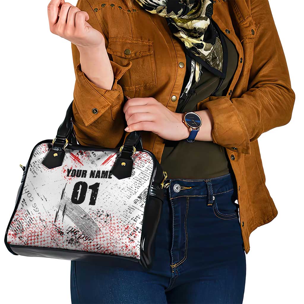 Motocross Rider Shoulder Handbag with Abstract Grunge Brush and Custom Number in Red and Black Splatter Design TS04