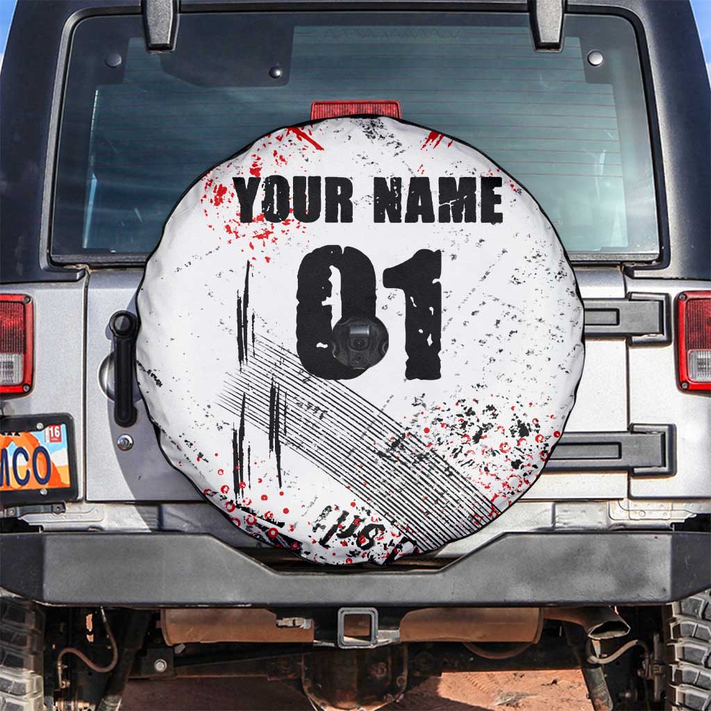 Motocross Rider Spare Tire Cover with Abstract Grunge Brush and Custom Number in Red and Black Splatter Design TS04