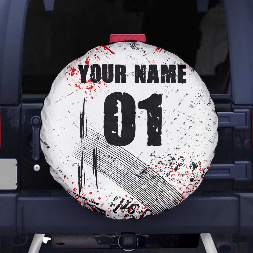 Motocross Rider Spare Tire Cover with Abstract Grunge Brush and Custom Number in Red and Black Splatter Design TS04