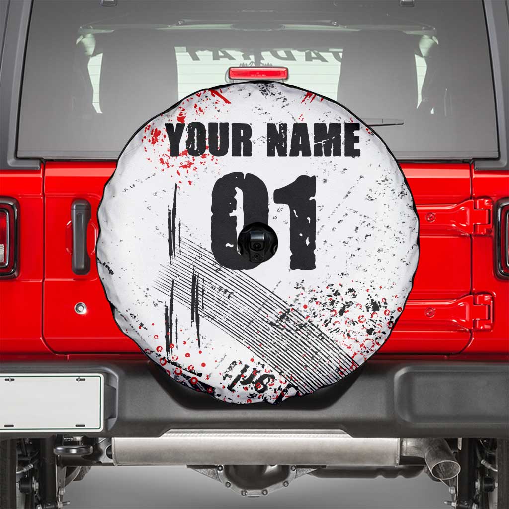 Motocross Rider Spare Tire Cover with Abstract Grunge Brush and Custom Number in Red and Black Splatter Design TS04