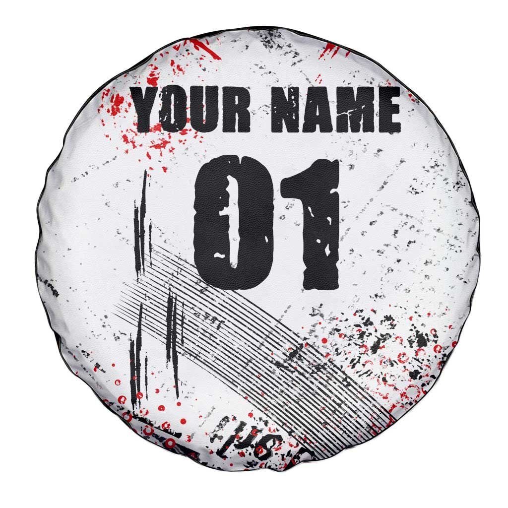 Motocross Rider Spare Tire Cover with Abstract Grunge Brush and Custom Number in Red and Black Splatter Design TS04