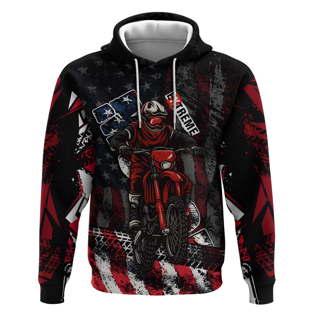 Motocross Rider Hoodie with American Flag Background and Extreme Text in Red and Black Grunge Design TS04