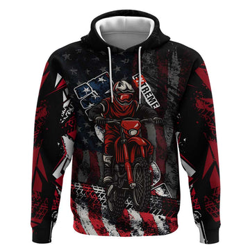 Motocross Rider Hoodie with American Flag Background and Extreme Text in Red and Black Grunge Design TS04