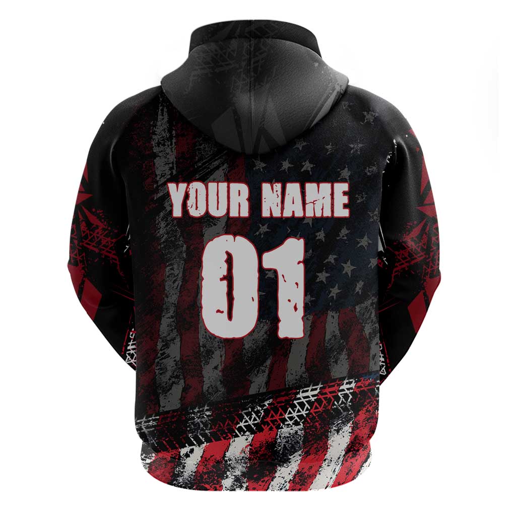 Motocross Rider Hoodie with American Flag Background and Extreme Text in Red and Black Grunge Design TS04
