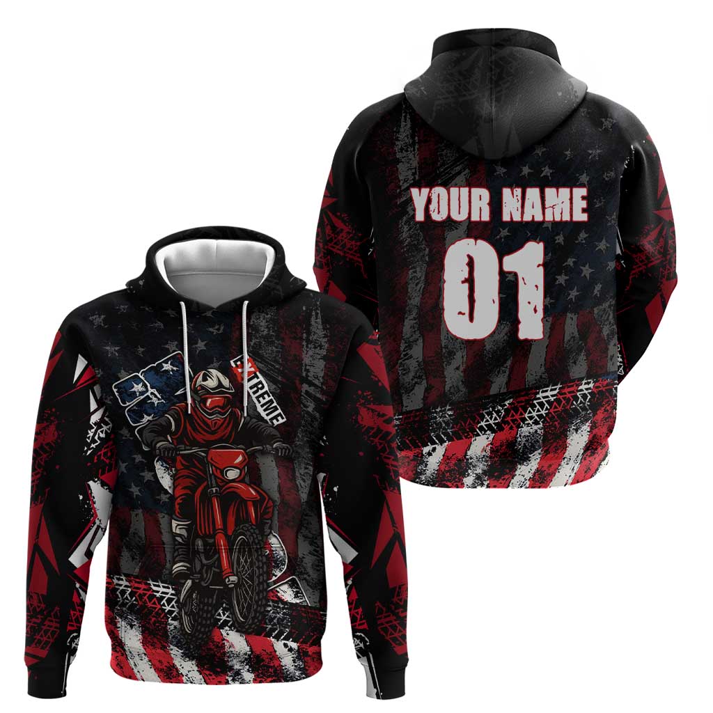 Motocross Rider Hoodie with American Flag Background and Extreme Text in Red and Black Grunge Design TS04