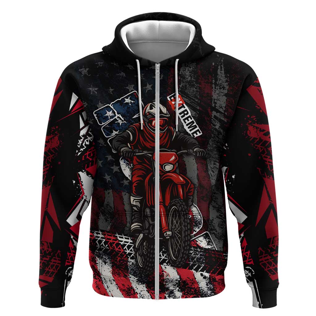 Motocross Rider Hoodie with American Flag Background and Extreme Text in Red and Black Grunge Design TS04
