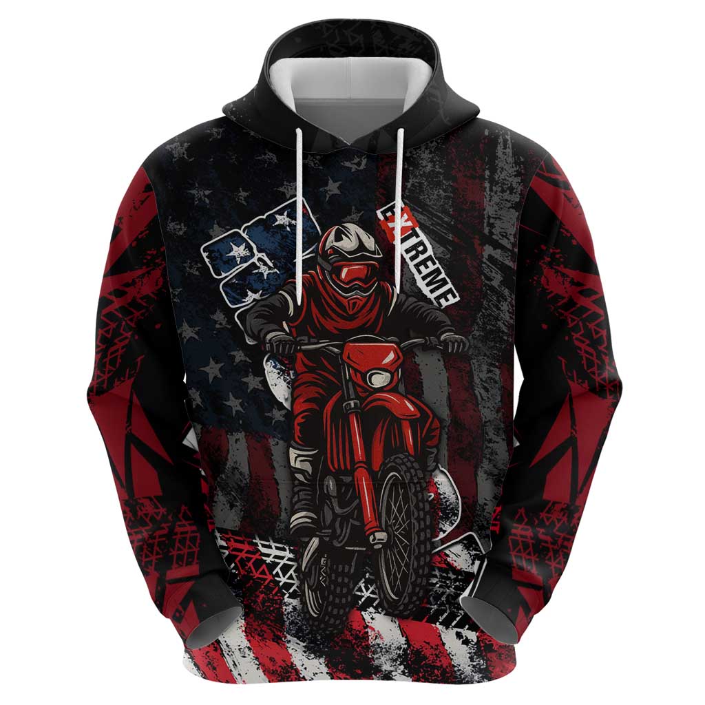 Motocross Rider Hoodie with American Flag Background and Extreme Text in Red and Black Grunge Design TS04