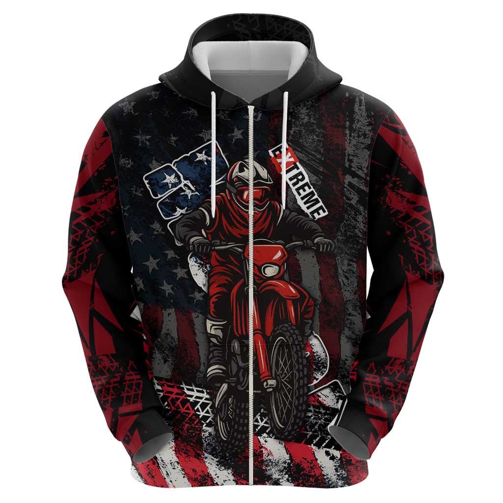Motocross Rider Hoodie with American Flag Background and Extreme Text in Red and Black Grunge Design TS04