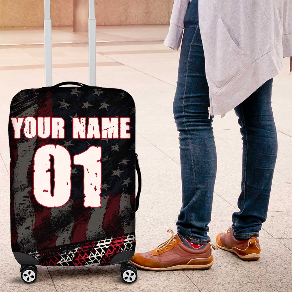 Motocross Rider Luggage Cover with American Flag Background and Extreme Text in Red and Black Grunge Design TS04