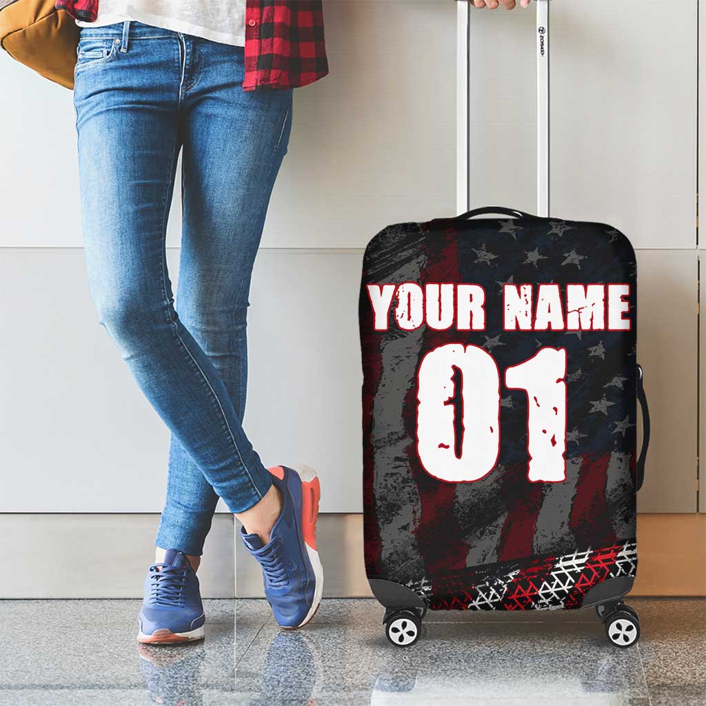 Motocross Rider Luggage Cover with American Flag Background and Extreme Text in Red and Black Grunge Design TS04