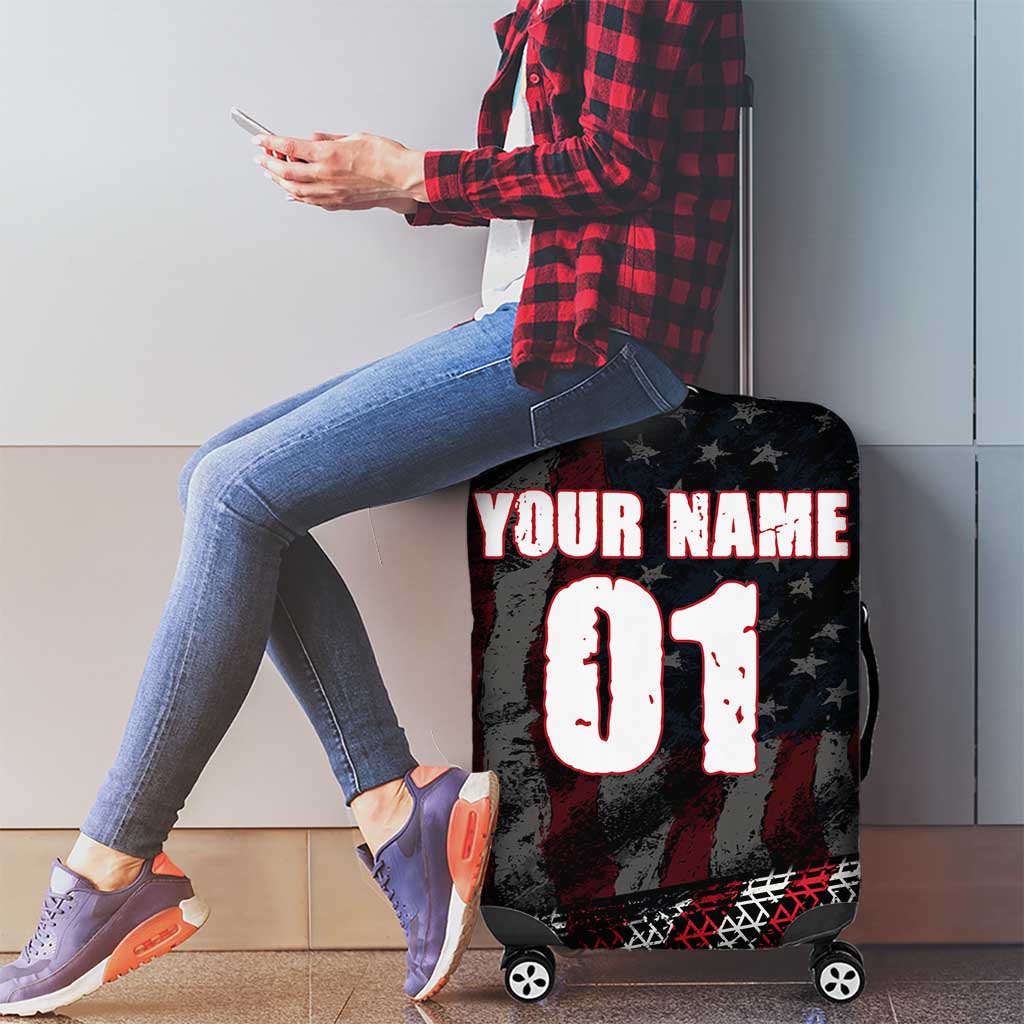 Motocross Rider Luggage Cover with American Flag Background and Extreme Text in Red and Black Grunge Design TS04