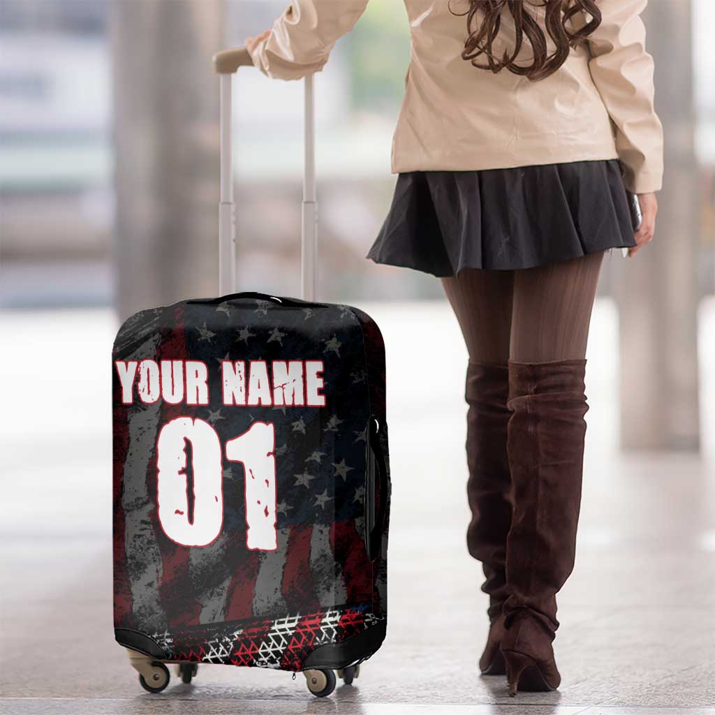 Motocross Rider Luggage Cover with American Flag Background and Extreme Text in Red and Black Grunge Design TS04